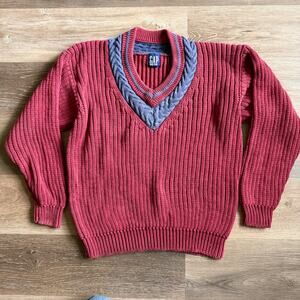 Vintage GAP 90s Large Chunky Cable Knit Heavy Sweater V Neck Y2K Preppy Tennis